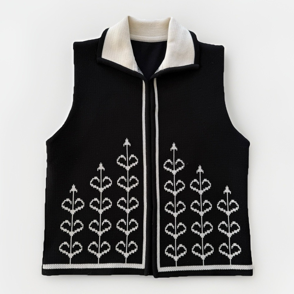 Vintage‎ 70s Graphic Knit Vest Black White ILGWU Scandinavian Folk Women's M
